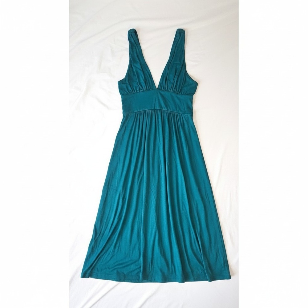 Frenzii Teal V-Neck Empire Waist Ruched Jersey‎ Knit Sleeveless Mini Dress